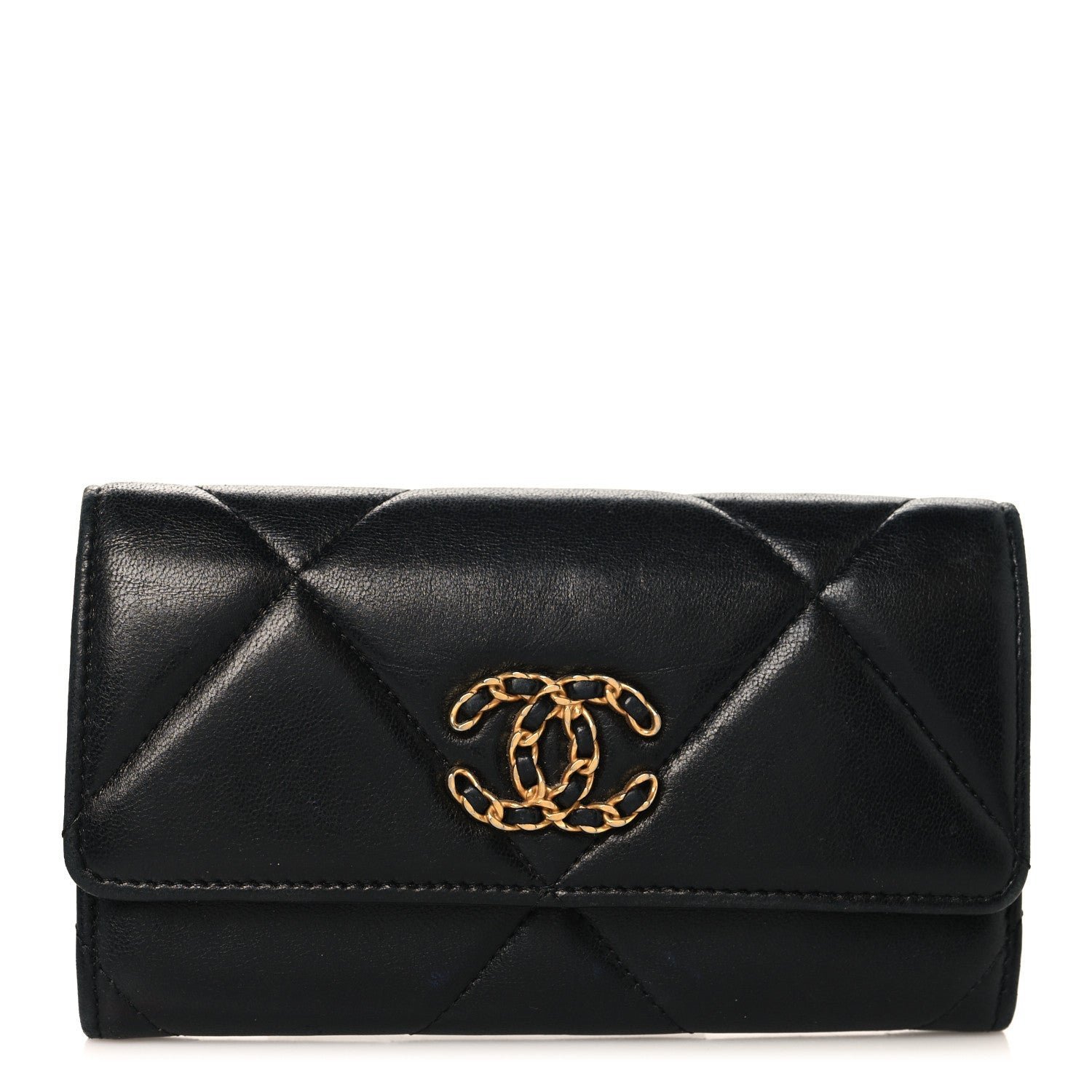 a4d111aba65495216e80a02c32478dca.jpg Lambskin Quilted Chanel 19 Flap Wallet Black - Image 1