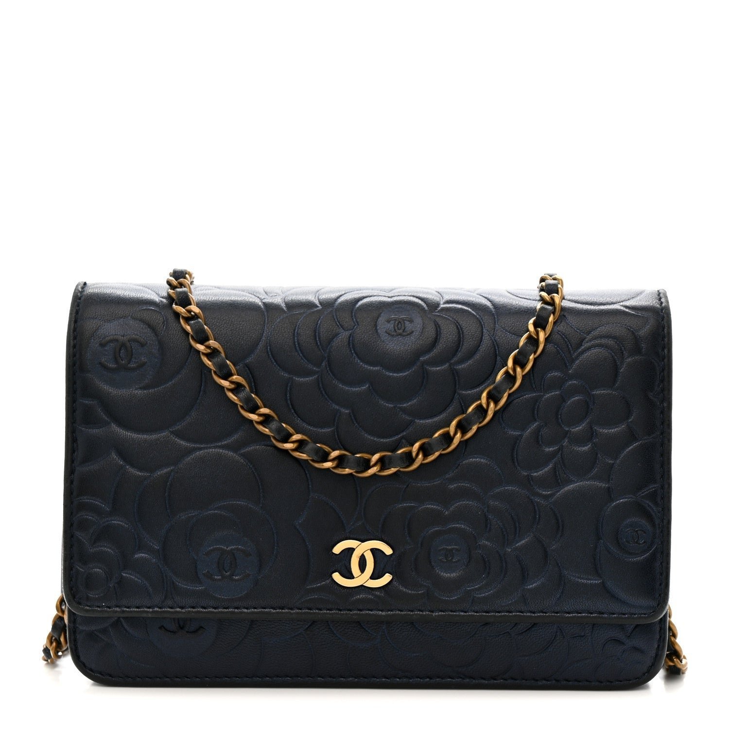 a9f4fecbb7c417da0753f827565a0b97.jpg Metallic Lambskin Camellia Embossed Wallet on Chain WOC Navy - Image 1