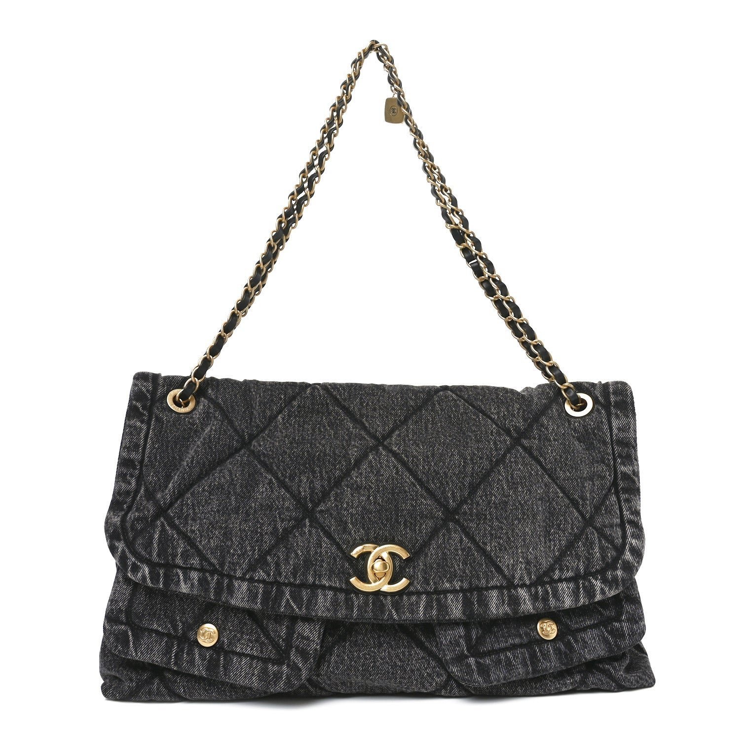 b6597fc50ce2fd7691a179dfa5413a27.jpg Washed Denim Quilted Maxi Flap Bag Black - Image 1
