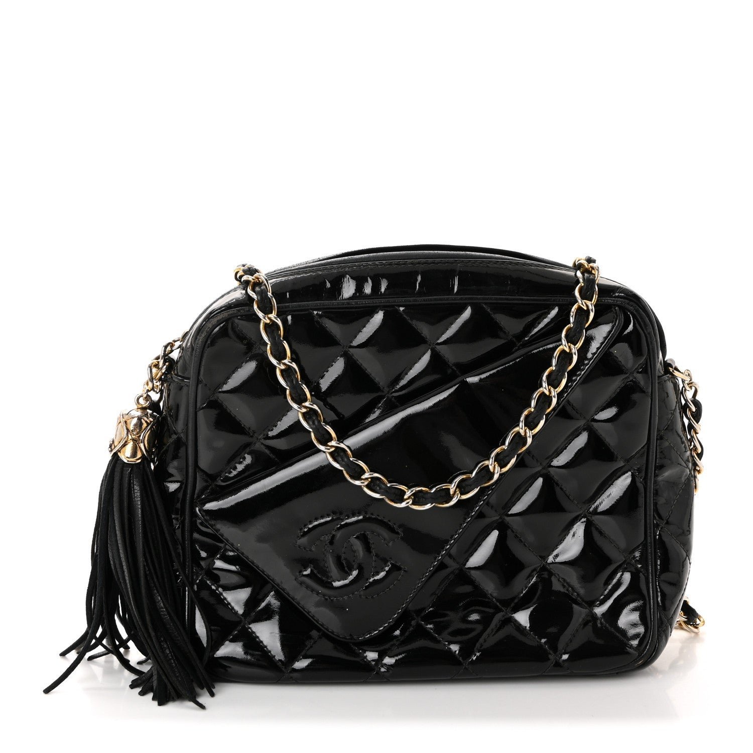 babb0e54ae7477aff1e45c228cc49653.jpg Patent Quilted Tassel Camera Case Black - Image 1