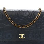 Metallic Lambskin Camellia Embossed Wallet on Chain WOC Navy - Image 9