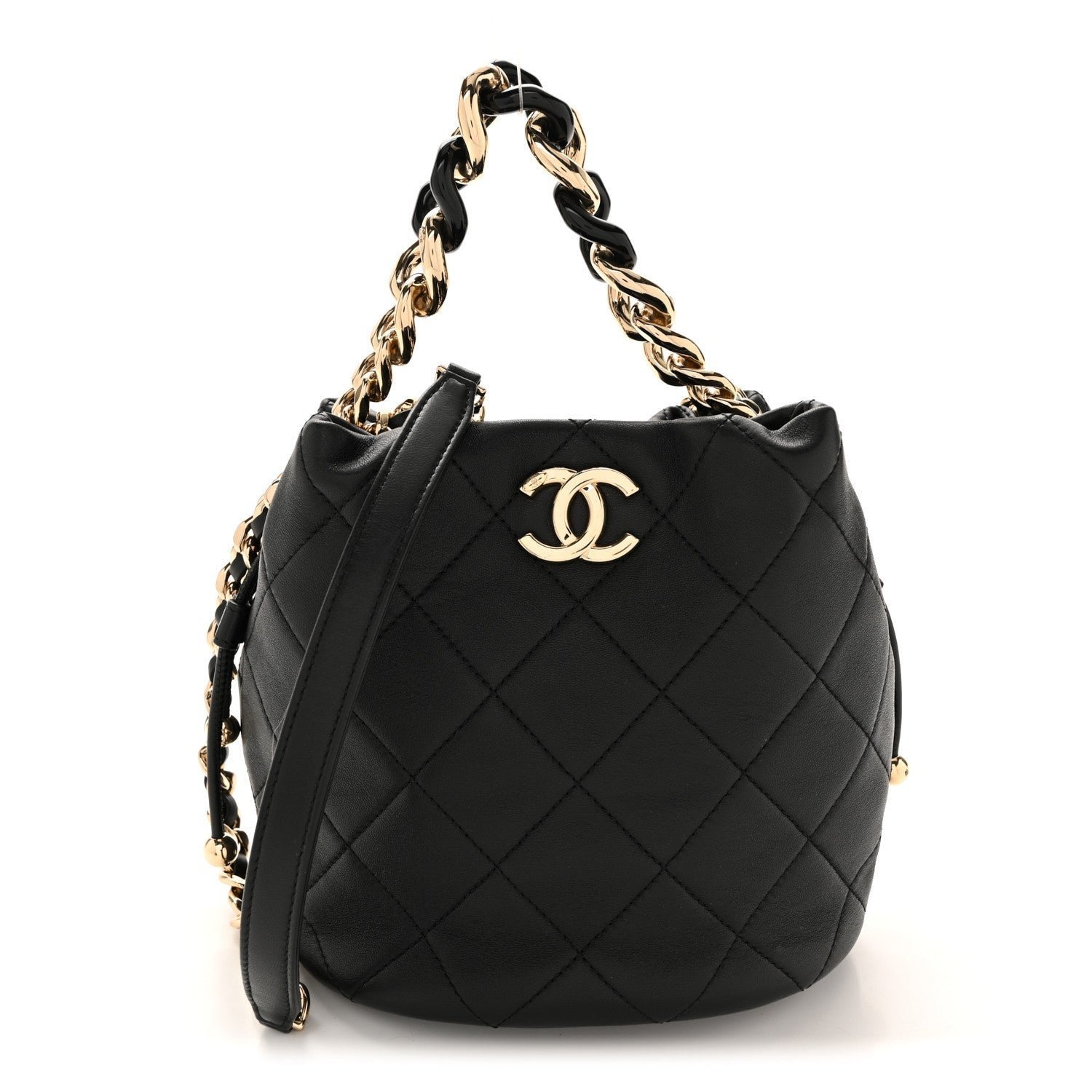 c379ba8a74076658d1764aaf3bd25746.jpg Lambskin Quilted Resin Bi-Color Chain Bucket Bag Black - Image 1