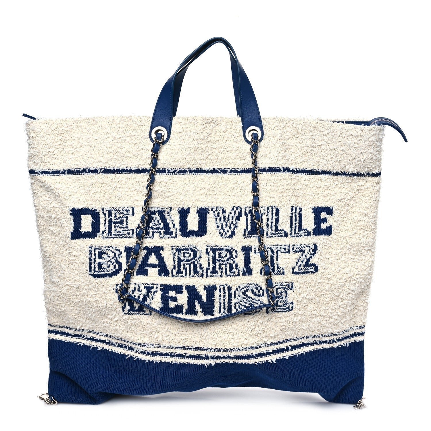 c5e5bea6b99dd26a66cf7baac1a71e72.jpg Mixed Fibers Lambskin Venise Biarritz Maxi Tote Blue White - Image 1