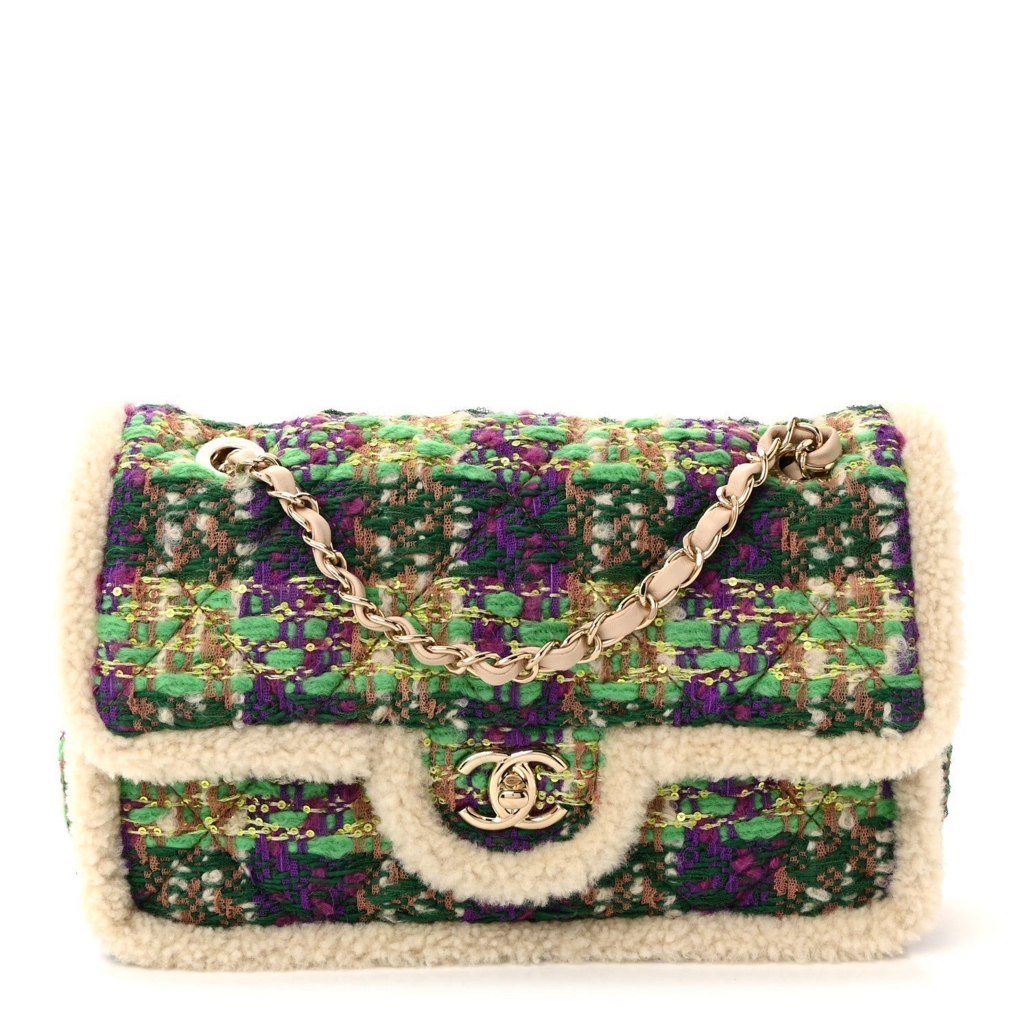 c9bccf744f14e961b23ba2614fec09f1.jpg Tweed Shearling Large Flap Bag Green Purple Ecru Brown - Image 1