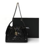 Shiny Crumpled Calfskin Quilted Small Chanel 25 Handbag Black - Image 11