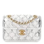 Metallic Calfskin Quilted Braided Mini Rectangular Flap Silver