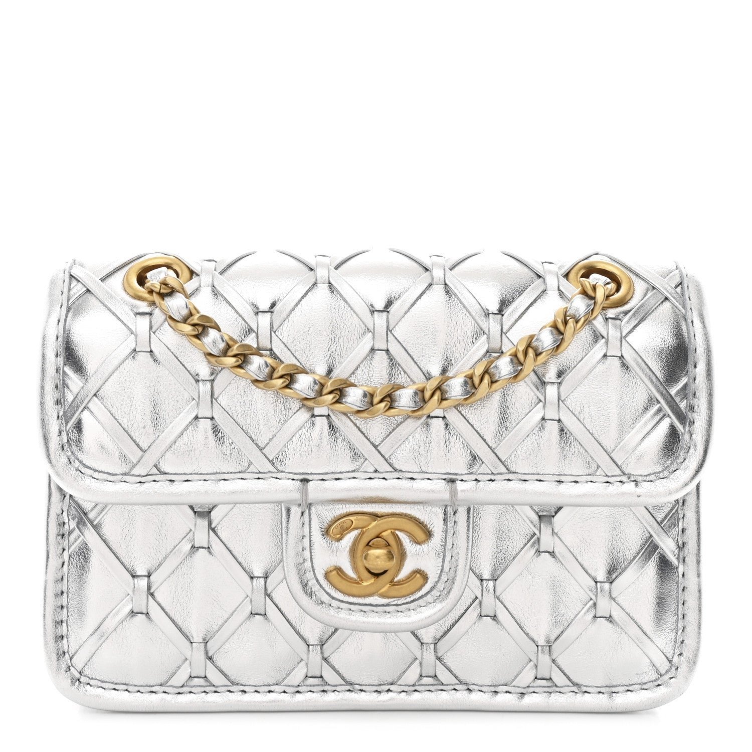 cc8f41e6f78355f9bf20ed2160a96c8e.jpg Metallic Calfskin Quilted Braided Mini Rectangular Flap Silver - Image 1