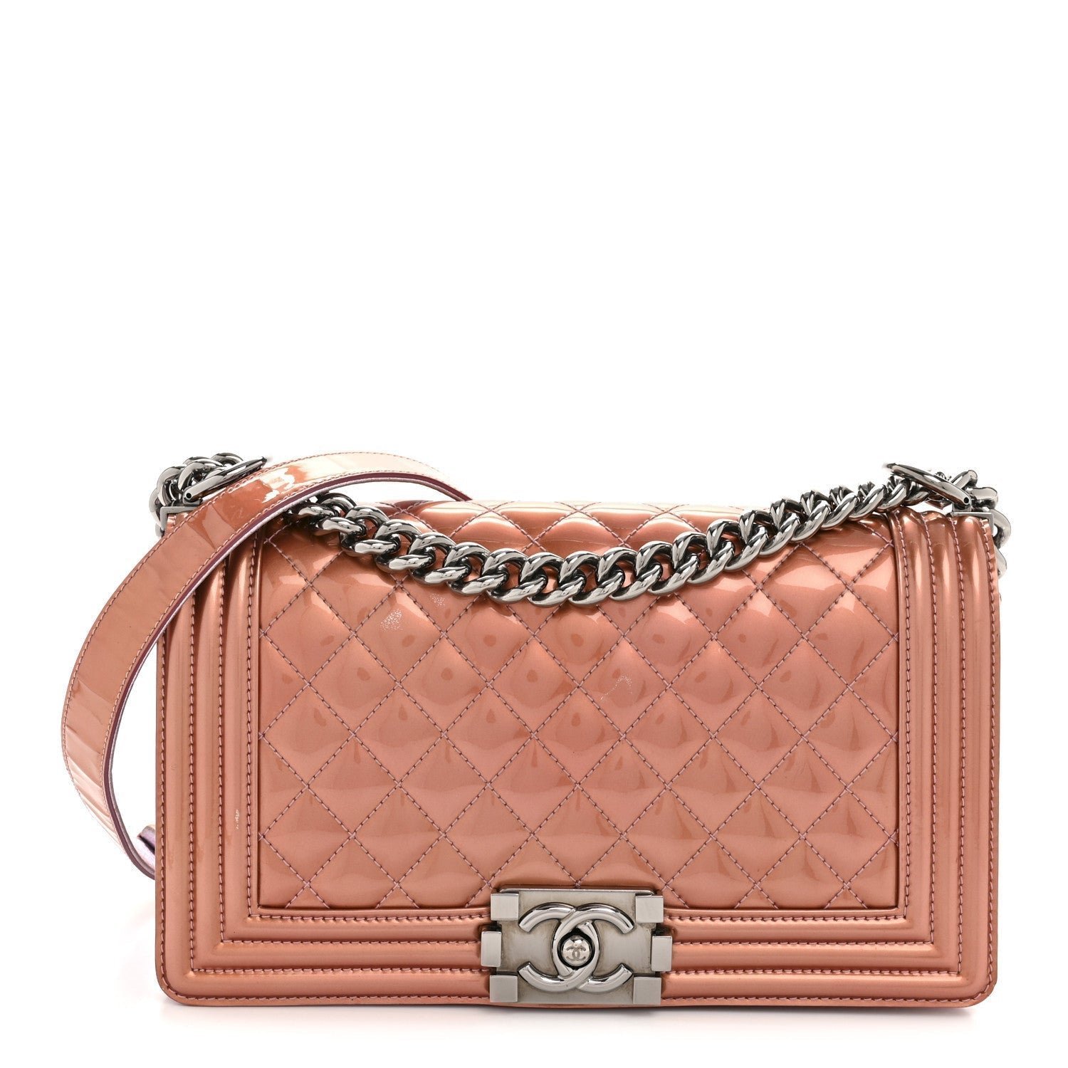 d3a6daef9e1d32479f0f31b0a273825d.jpg Metallic Patent Calfskin Quilted Medium Boy Flap Light Pink - Image 1