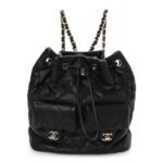 Lambskin Quilted Double Pocket Drawstring Backpack Black
