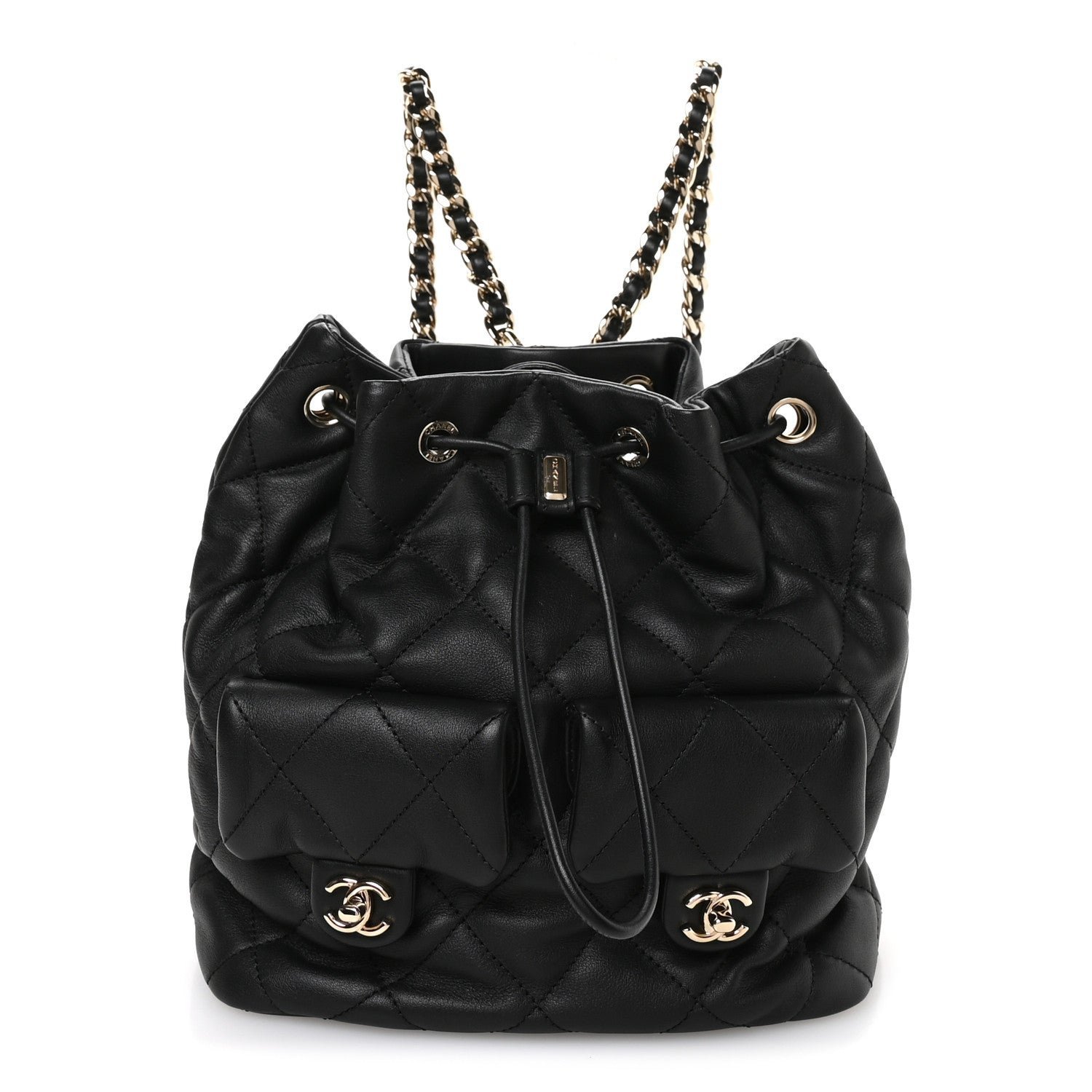 d4c9261d5b7cd4a39da53d90a373d720.jpg Lambskin Quilted Double Pocket Drawstring Backpack Black - Image 1