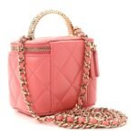 Lambskin Quilted Crystal Top Handle Mini Vanity Case With Chain Coral - Image 3