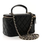 Lambskin Quilted Small Top Handle Vanity Case With Chain Black - Image 3