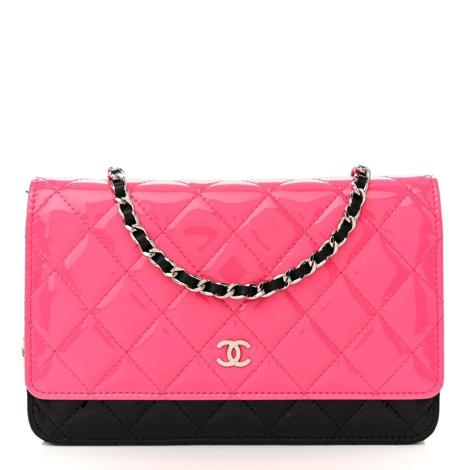 dd168dc5abf1b5f79c035f3aa42456a5.jpg Patent Quilted Bi-Color Wallet On Chain WOC Pink Black - Image 1