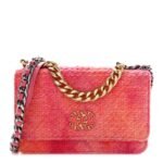 Wool Tweed Lambskin Quilted Chanel 19 Wallet On Chain WOC Coral Pink