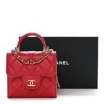 Lambskin Quilted Top Handle Flap Clutch With Chain Red - Image 11