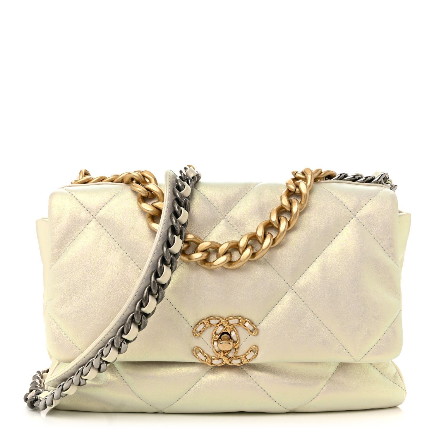 ea2d32b708bad4fd6bc385bc3c8e6081.jpg Iridescent Calfskin Quilted Large Chanel 19 Flap White - Image 1