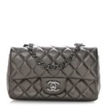 Metallic Lambskin Quilted Mini Rectangular Flap Ruthenium