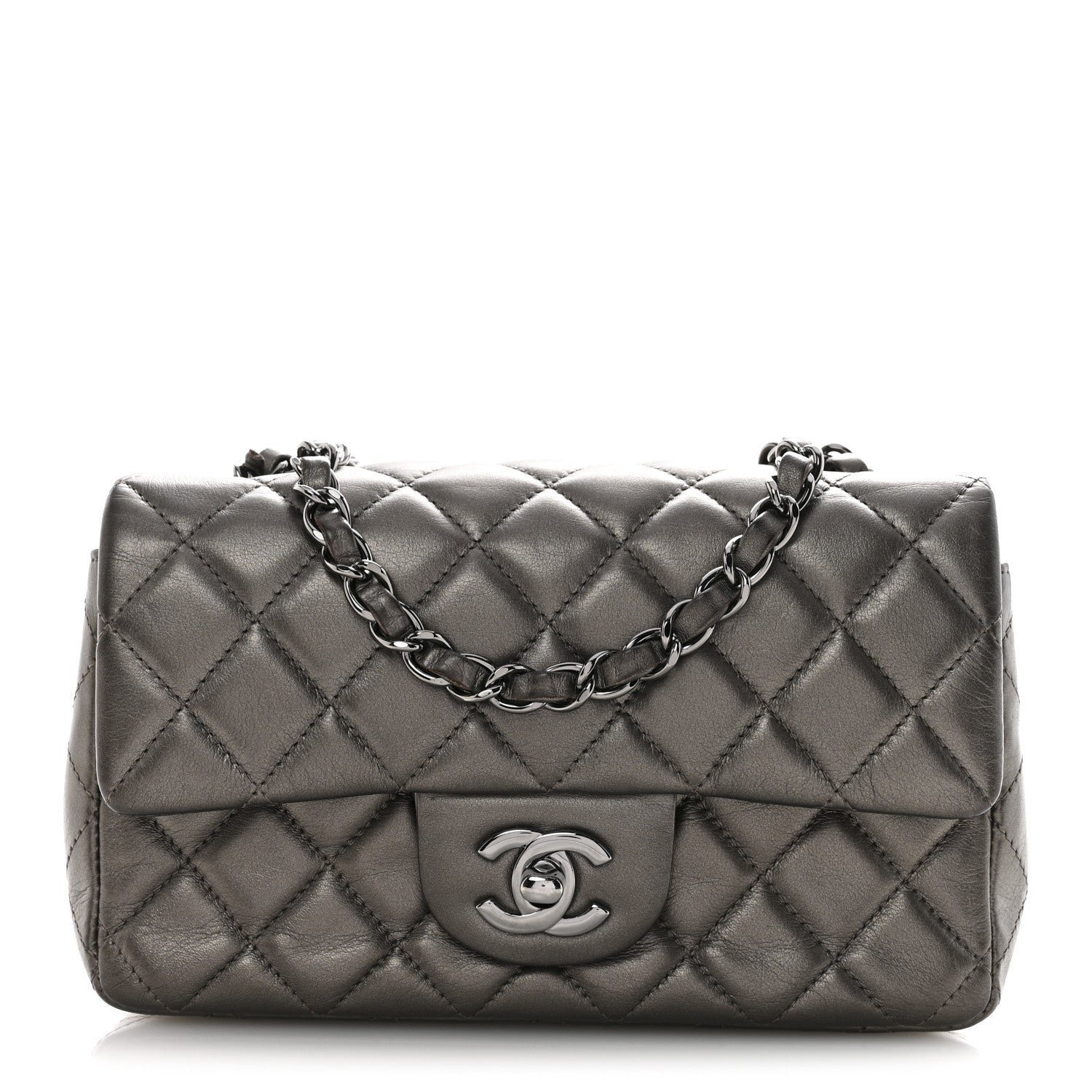 ed6b6d79d46179e66566bd8dd56d6f85.jpg Metallic Lambskin Quilted Mini Rectangular Flap Ruthenium - Image 1