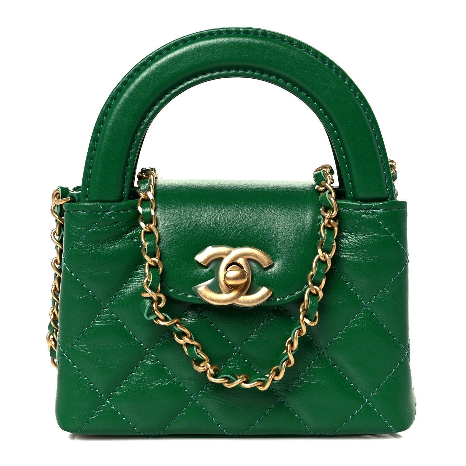 ee185da062fe5c1bc577e9ba803c8061.jpg Shiny Aged Calfskin Quilted Mini Nano Kelly Shopper Green - Image 1