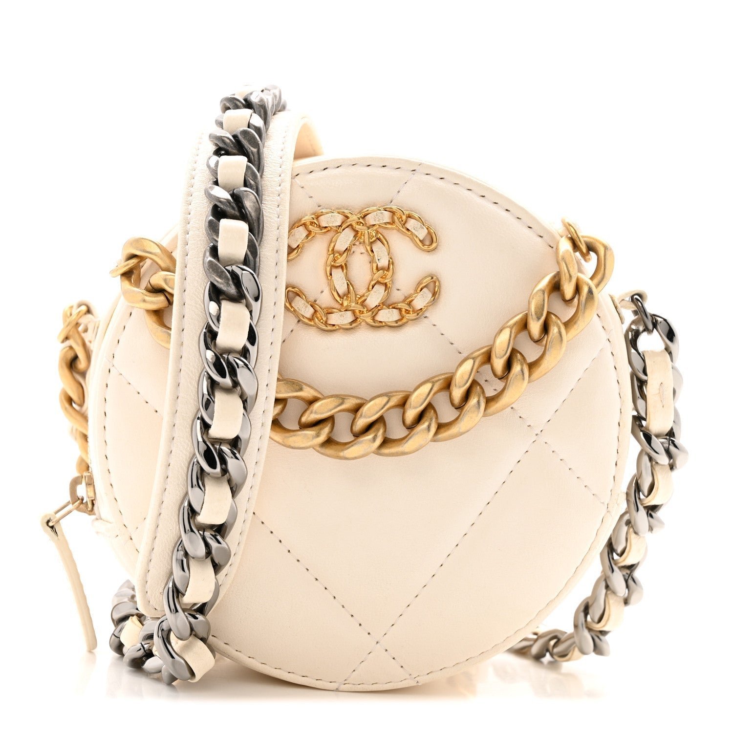 f522c5e1b28638656ff2bd51d9ebf53a.jpg Lambskin Quilted Chanel 19 Round Clutch With Chain White - Image 1