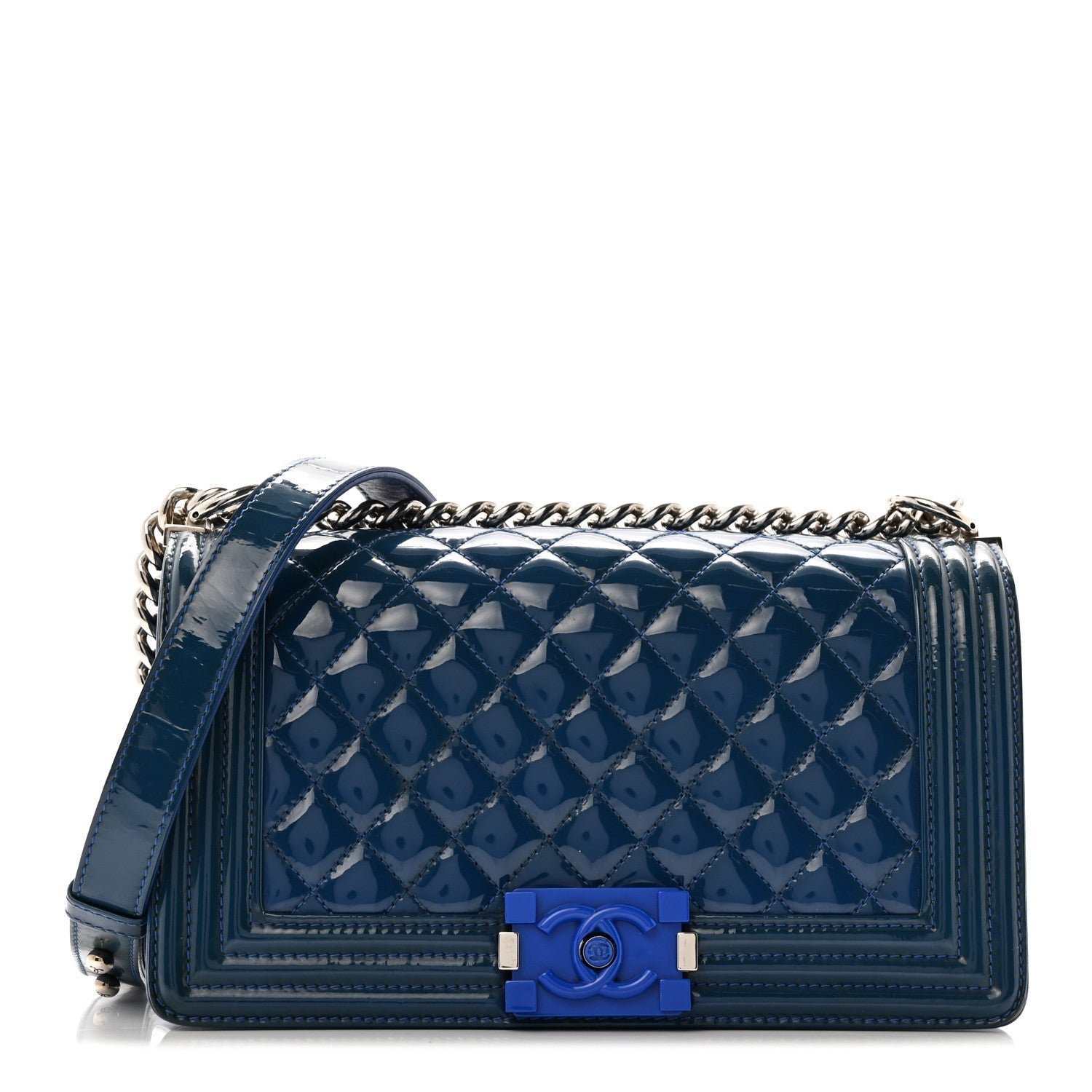 f9c43babaf3f71a80a158582164cf76e.jpg Patent Calfskin Quilted Medium Plexiglass Boy Flap Blue - Image 1